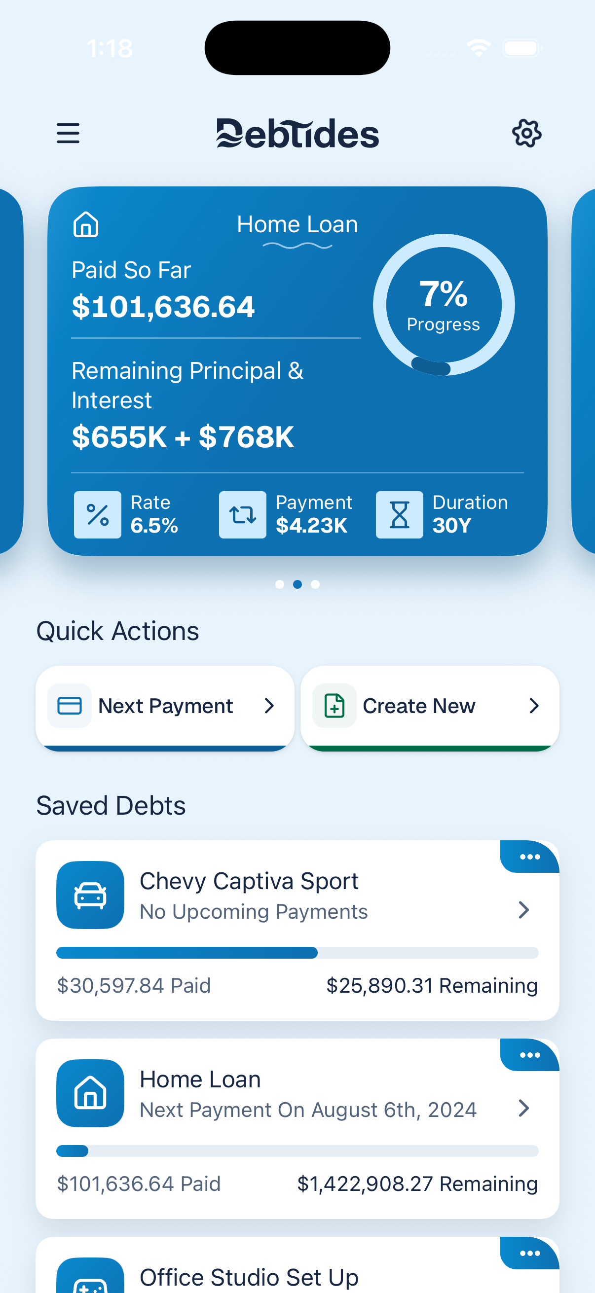 Debtides home screen showing a Home Loan, quick actions, and saved debts